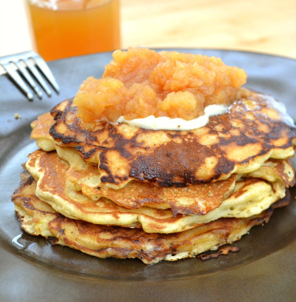 Brown Rice Pancakes topped with applesauce and salted butter.|@the_surfers_kitchen