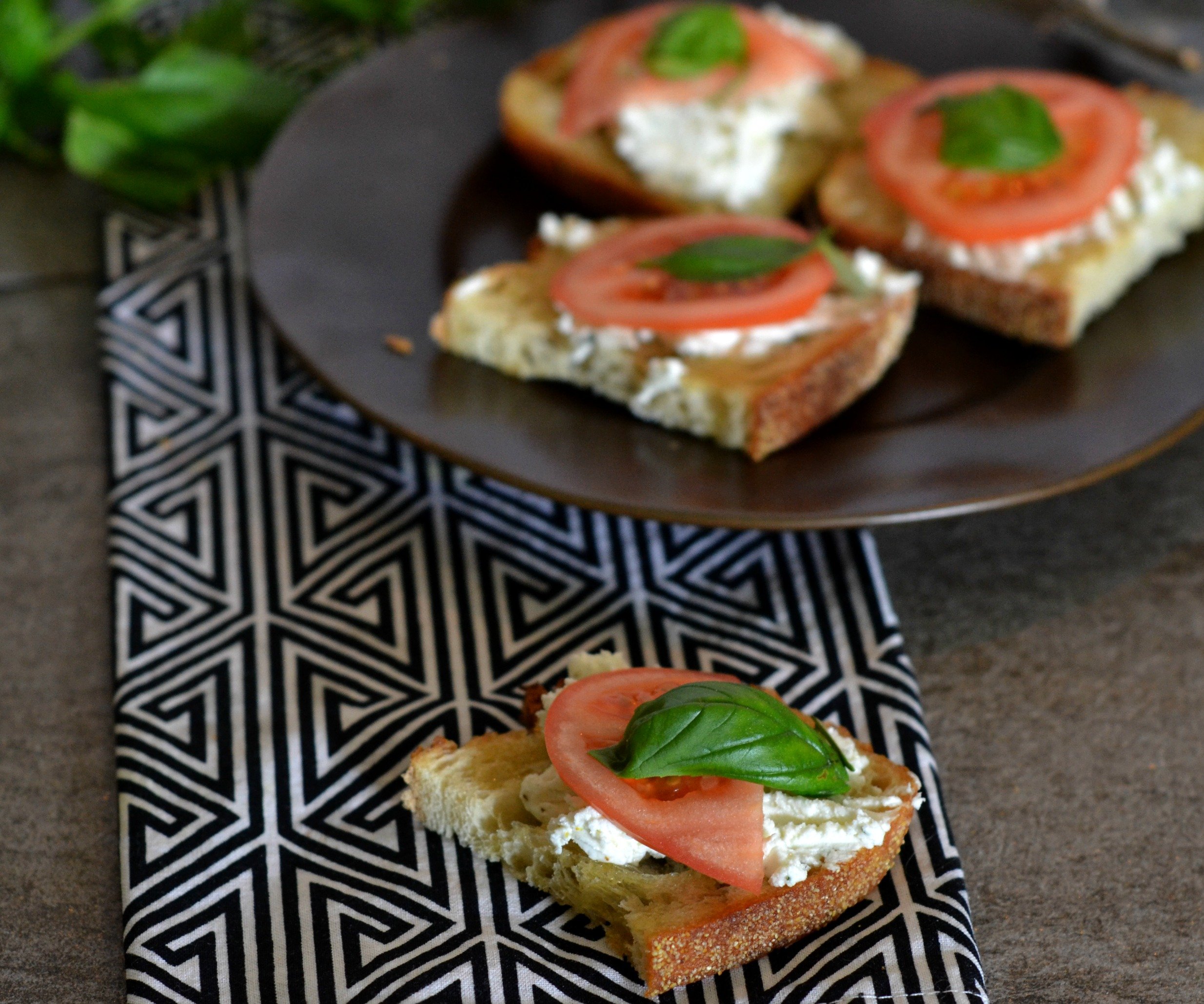 Herbed Goat Cheese Toasts Topped with Tomatoes| A perfect rainy day dinner for one or a perfect appetizer for a party. |www.thesurferskitchen.com