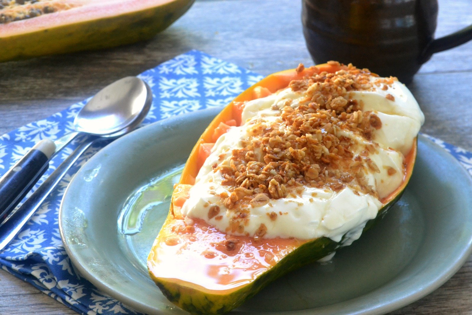 Yogurt Parfait in a Papaya Bowl| A simple light meal perfect for breakfast or a snack.