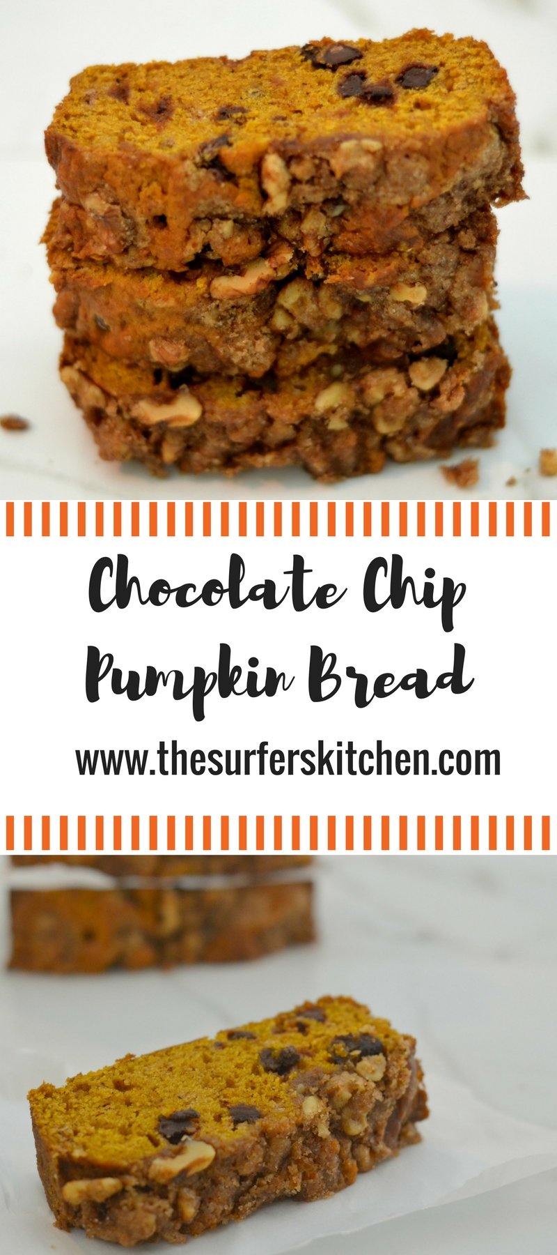 Chocolate Chip Pumpkin Bread| My basic pumpkin bread recipe with added chocolate and a special topping. So good! | www.thesurferskitchen.com