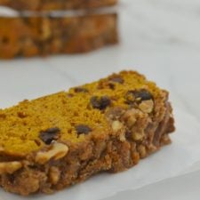 Chocolate Chip Pumpkin Bread| My basic pumpkin bread recipe with added chocolate and a special topping. So good! | www.thesurferskitchen.com