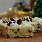 Close Up of Cranberry Bliss Bar with Cream Cheese Frosting