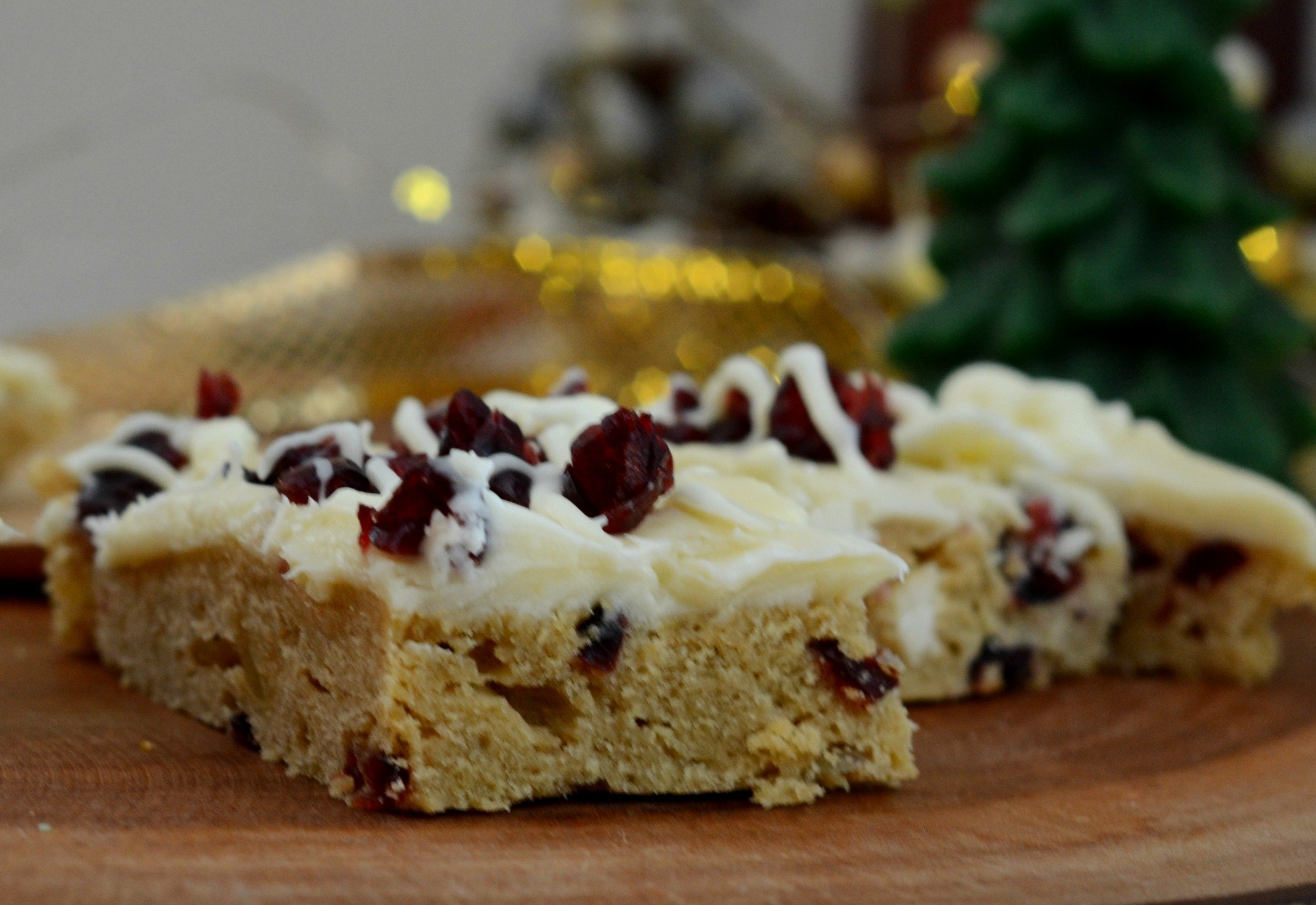 Close Up of Cranberry Bliss Bar with Cream Cheese Frosting