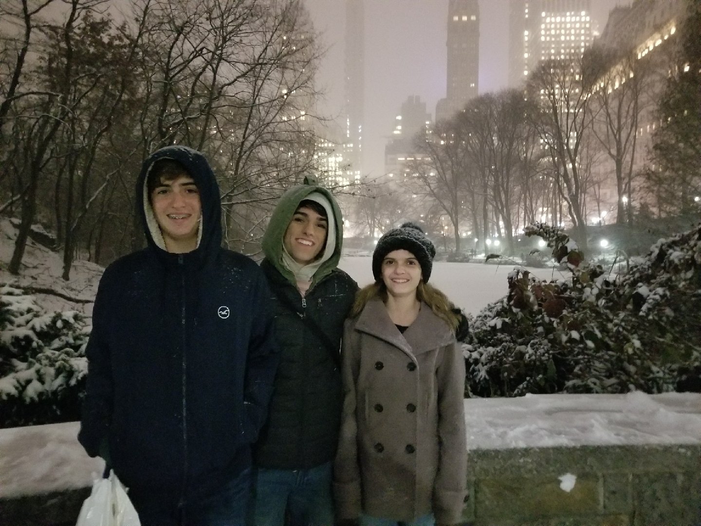 three teens posing for a picture in Central Park New York City while it snows