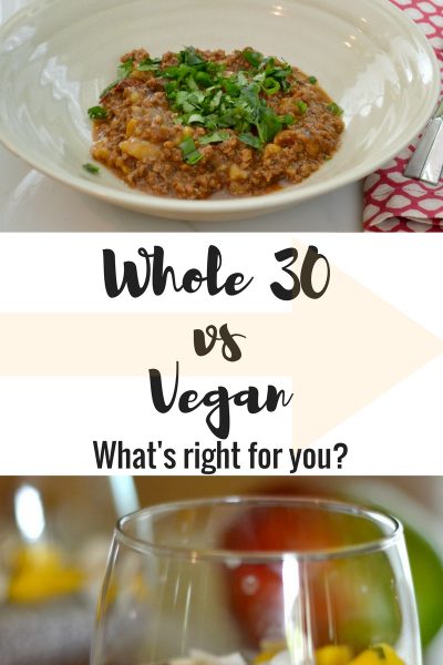 Image of Paleo Chili, the words "Whole 30 vs Vegan, What's Right for you?" and an image of chia pudding with mango and coconut slices