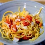 bowl of pasta with roasted tomatoes and Parmesan