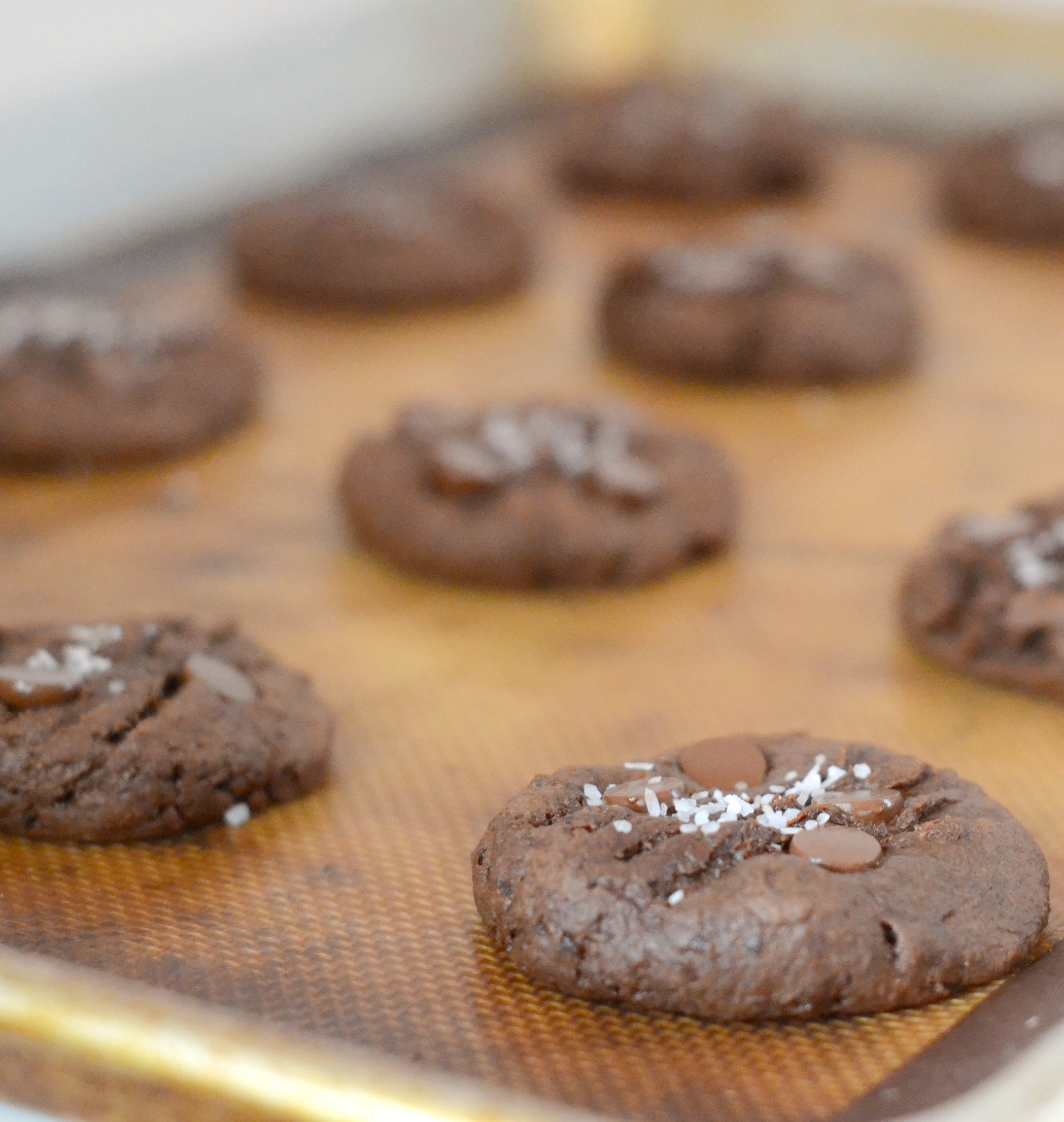chocolate fudge cookies on a cookie sheet