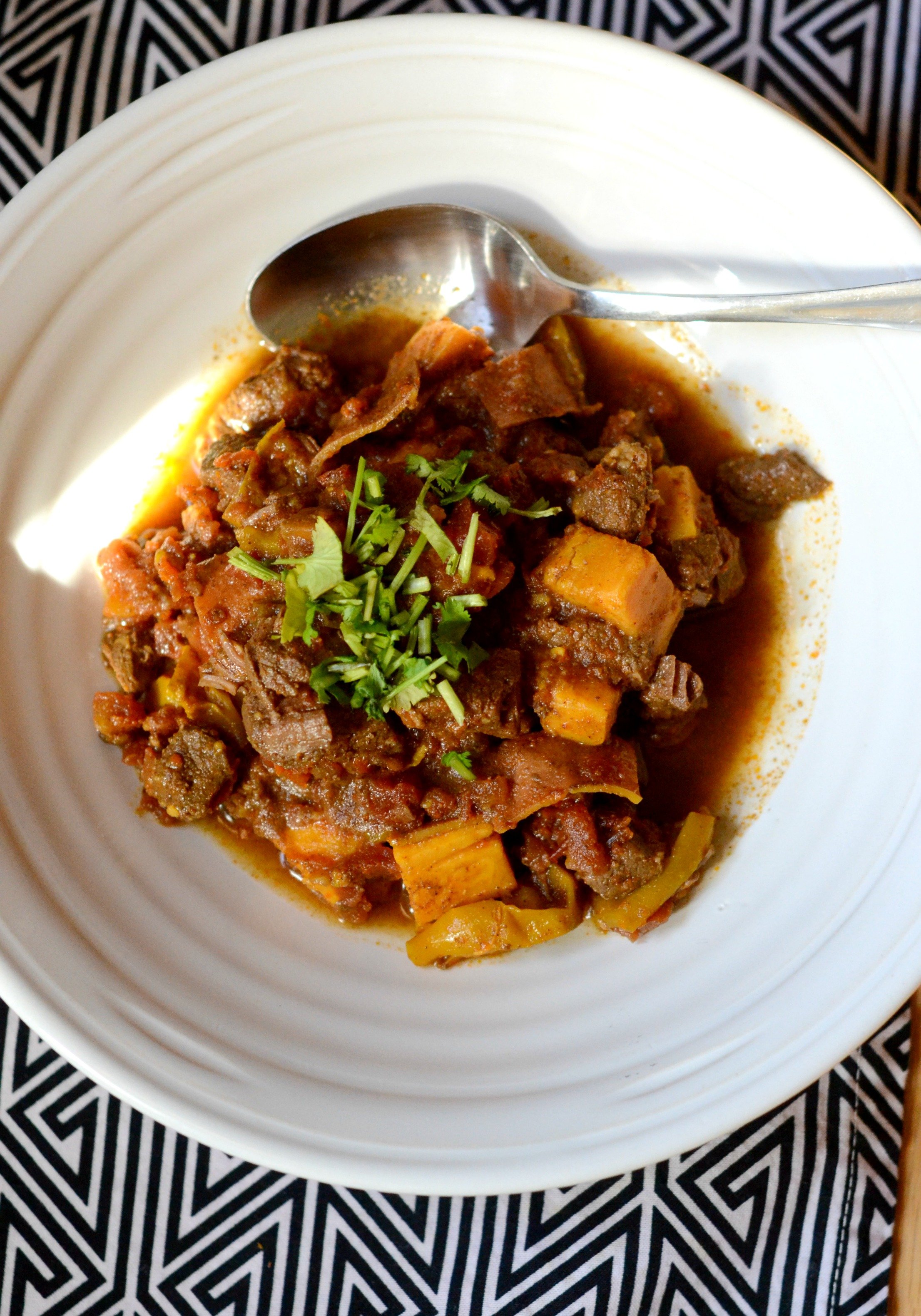 overhead shot of a bowl of chili with sweet potatos