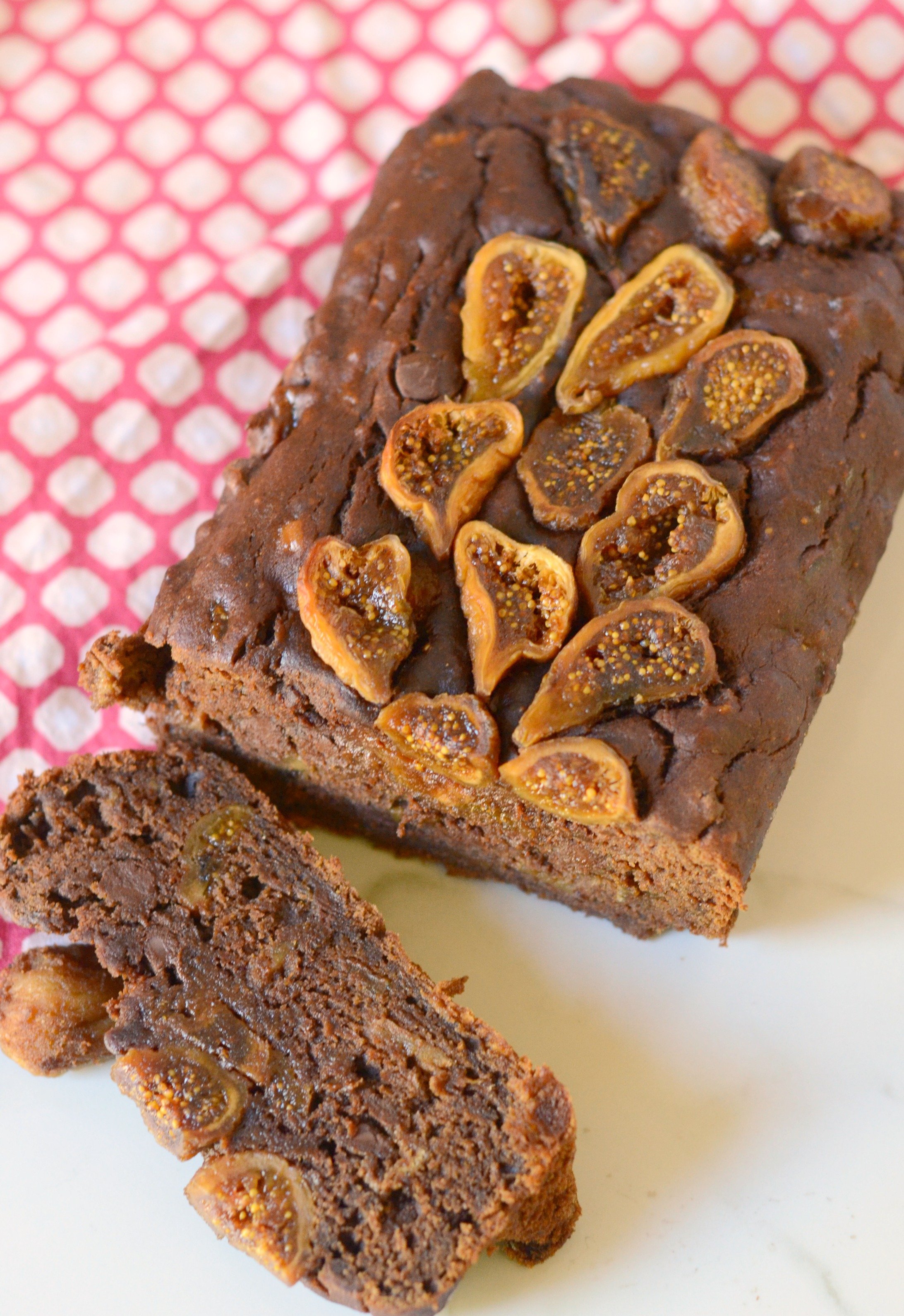 overhead shot of chocolate fig banana bread