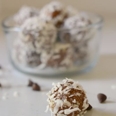 chocolate high protein bite rolled in coconut